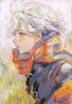  1boy androgynous blue_eyes colorful earrings eyelashes grass highres jewelry light_blue_eyes long_eyelashes male_focus multicolored_eyes orie_h original painterly parted_lips purple_eyes red_scarf scarf solo star_(symbol) star_earrings upper_body white_hair wind 