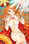  1girl akmn bikini blurry blurry_foreground bracelet breasts candy cape cleavage coin crown earrings food fruit highres holding holding_candy holding_food holding_lollipop jewelry lollipop long_hair looking_at_viewer lying mandarin_orange nami_(one_piece) on_back one_piece orange_eyes orange_hair red_cape solo swimsuit twitter_username white_bikini 