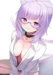  1girl animal_ear_fluff animal_ears bangs black_choker blush breasts buket_pudding_i cat_ears cat_girl cat_tail choker cleavage collarbone commentary_request highres hololive large_breasts long_sleeves looking_at_viewer nekomata_okayu no_pants panties purple-framed_eyewear purple_eyes purple_hair shirt solo tail underwear virtual_youtuber white_shirt 