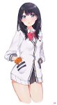  1girl absurdres bangs bare_legs black_hair black_skirt blue_eyes blush bow bowtie cardigan collared_shirt commentary_request gridman_universe hand_in_pocket highres long_hair long_sleeves looking_at_viewer open_cardigan open_clothes orange_scrunchie parted_lips pleated_skirt red_bow red_bowtie sakuno_rika school_uniform scrunchie shirt simple_background skirt solo ssss.gridman straight_hair takarada_rikka thighs watermark white_background white_cardigan white_shirt wrist_scrunchie 