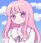  1girl absurdres bangs blue_sky blush bright_pupils cloud cloudy_sky commission highres long_hair looking_at_viewer nokanok original pink_hair portrait purple_eyes shadow shirt sky solo white_pupils white_shirt 