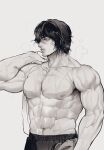  1boy abs absurdres bara biceps black_hair greyscale half-closed_eyes highres kengan_(series) kengan_ashura kyowo_sukkesuke large_pectorals looking_to_the_side male_focus manly mature_male messy_hair monochrome muscular muscular_male nipples pants pectorals short_hair shorts simple_background solo steam sweat sweatdrop thick_arms tokita_ouma topless_male towel towel_on_one_shoulder veins veiny_arms white_background 