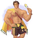  1boy abs alternate_costume artist_name bara belt biceps bracelet brown_hair cape claude_von_riegan f_con facial_hair fire_emblem fire_emblem:_three_houses food green_eyes hairy hand_on_hip highres ice_cream jewelry large_pectorals looking_at_viewer manly mature_male muscular muscular_male navel navel_hair nipples no_shirt one_eye_closed pectorals popsicle short_hair shorts signature simple_background smirk solo stubble sunglasses thick_arms thick_eyebrows thick_thighs thighs white_background 