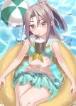  1girl ball beachball bikini bikini_skirt brown_eyes bubble_tea_challenge cup disposable_cup drinking drinking_straw drinking_straw_in_mouth floating green_bikini hair_between_eyes high_ponytail highres innertube kantai_collection light_brown_hair long_hair looking_at_viewer natsuki_(gedo) navel neckerchief object_on_breast sailor_bikini sailor_collar solo stomach swimsuit white_sailor_collar yellow_neckerchief zuihou_(kancolle) 