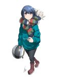  1girl absurdres blue_hair boots cellphone headwear_removed helmet helmet_removed highres holding holding_helmet holding_phone jacket motorcycle_helmet phone pink_eyes scarf shima_rin smartphone solo walking white_background yasu_(pixiv) yurucamp 