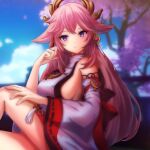  1girl 3d_background animal_ears arm_support bangs breasts cherry_blossoms commentary_request detached_sleeves earrings fox_ears fox_girl genshin_impact hair_between_eyes hair_ornament highres japanese_clothes jewelry knees_to_chest long_hair long_sleeves looking_at_viewer nontraditional_miko parted_lips pink_hair purple_eyes ribbon-trimmed_sleeves ribbon_trim sideboob sidelocks sitting smile solo tree uchikata_takeaki vision_(genshin_impact) wide_sleeves yae_miko 