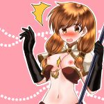  1girl 74 accidental_exposure bangs bikini bikini_top_only black_gloves blush breasts brown_bikini brown_eyes brown_hair capelet cleavage commentary_request elbow_gloves gloves highres holding holding_staff long_hair looking_at_viewer mage_(ragnarok_online) medium_breasts navel nipples open_mouth outline pink_background ragnarok_online solo staff swimsuit upper_body wardrobe_malfunction white_capelet white_outline 