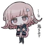  1girl :o alternate_hair_ornament bangs black_jacket blunt_bangs brown_eyes brown_hair brown_skirt chibi danganronpa_(series) danganronpa_2:_goodbye_despair dress_shirt flipped_hair grey_background highres hood hood_down jacket long_sleeves manaita_no_sake miniskirt nanami_chiaki neck_ribbon open_mouth pink_ribbon pleated_skirt ribbon shirt simple_background skirt solo thighhighs translated triangle_hair_ornament two-tone_shirt 