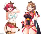  2girls absurdres atelier_(series) atelier_ryza bangs black_gloves breasts brown_eyes brown_hair chest_jewel cosplay costume_switch crossover earrings fingerless_gloves gloves highres jarckius jewelry large_breasts multiple_girls pyra_(xenoblade) pyra_(xenoblade)_(cosplay) red_eyes red_hair red_shorts reisalin_stout reisalin_stout_(cosplay) short_hair short_shorts shorts swept_bangs thick_thighs thighs tiara xenoblade_chronicles_(series) xenoblade_chronicles_2 