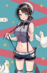  1girl alternate_costume aqua_eyes bangs bird black_bow black_bowtie black_hair blue_shorts bow bowtie breasts clothes_pull clothing_cutout duck grey_shirt highres hololive looking_at_viewer multicolored_background oozora_subaru open_mouth pi_tayuko pulled_by_self shirt short_hair shorts solo standing star_(symbol) subaru_duck suspenders virtual_youtuber white_headwear 