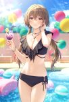  1girl akatsuki_(4941086) balloon bead_bracelet beads bikini black_bikini blue_sky blurry blush bracelet breasts brown_hair cleavage cloud cloudy_sky cup depth_of_field drink drinking_glass drinking_straw frilled_bikini frills glint gradient_eyes hair_between_eyes heart_pendant highres holding holding_cup holding_drink innertube jewelry legs_together looking_at_viewer medium_breasts multicolored_eyes navel necklace original pool purple_eyes side-tie_bikini sidelocks sky sleeveless smile solo stomach summer sunlight swimsuit twintails water wine_glass yellow_eyes 