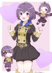  1girl :d absurdres ahoge bangs bernadetta_von_varley bike_shorts_under_skirt black_jacket black_legwear black_shorts black_skirt blue_hood blunt_ends blush boots border bow breasts brown_footwear capelet chibi cleavage commentary cowboy_shot dot_nose drawstring dress earrings english_commentary fire_emblem fire_emblem:_three_houses full_body garreg_mach_monastery_uniform gloves hair_between_eyes hair_bow hands_on_own_chest hands_up happy heart highres hiro_kayama jacket jewelry knee_boots knees_together_feet_apart long_sleeves looking_at_viewer multiple_views no_nose official_alternate_hairstyle one_eye_closed open_hand open_hands open_mouth outside_border pink_background purple_bow purple_dress purple_eyes purple_footwear purple_gloves purple_hair short_hair shorts shorts_under_dress skirt sleeves_past_wrists small_breasts smile split_mouth standing striped striped_bow thighhighs thighs topknot twitter_username two-tone_background white_border yellow_capelet yellow_gloves 