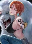  1girl bare_shoulders bikini bikini_top_only breasts denim earrings eyelashes highres jeans jewelry large_breasts looking_at_viewer nami_(one_piece) one_eye_closed one_piece orange_eyes pants short_hair shoulder_tattoo swimsuit tattoo tiger tongue tongue_out uhaty 