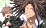  2boys ahoge bangs black_jacket blush brown_eyes brown_shirt collarbone danganronpa:_trigger_happy_havoc danganronpa_(series) dreadlocks facial_hair green_hoodie grin hagakure_yasuhiro hair_between_eyes heart hood hood_down hoodie jacket kajiwara_io male_focus multiple_boys naegi_makoto open_clothes open_jacket open_mouth parted_bangs pulling shirt short_hair smile stubble sweat teeth upper_body white_shirt 