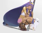  1girl 1other bangs dark-skinned_female dark_skin eyebrows_behind_hair fate/grand_order fate/prototype fate_(series) holding holding_staff lempika long_hair looking_at_viewer medjed_(fate) nitocris_(fate) pointy_ears ponytail purple_eyes purple_hair squatting staff toes 