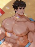  1boy abs bara beach biceps black_hair frown full_service_(mazjojo) gyee highres large_pectorals looking_to_the_side male_focus manly mature_male muscular muscular_male nipples outdoors pectorals rald_schwarz solo spiked_hair teeth thick_arms thick_thighs thighs topless_male user_gggs3572 yellow_eyes 