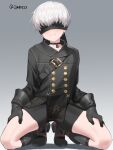  1boy bike_shorts black_footwear black_gloves black_jacket black_shorts blindfold blush boots buttons choker double-breasted english_commentary full_body gloves grey_background grey_hair hands_on_thighs highres jacket jjw1029 kneehighs kneeling long_sleeves male_focus nier_(series) nier_automata shadow short_hair shorts simple_background socks solo thighs twitter_username yorha_no._9_type_s 