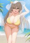  1girl beach bent_over bikini blue_archive breasts cleavage commission green_eyes grey_hair halo hanging_breasts hat highres leaning_forward looking_at_viewer nonomi_(blue_archive) open_mouth see-through skeb_commission sun_hat swimsuit thigh_gap thighs yellow_bikini yousui 