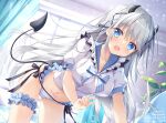  1girl :d all_fours ameto_yuki ass_visible_through_thighs blue_eyes bow bowtie breasts bridal_garter collarbone demon_horns demon_tail frilled_panties frilled_shirt frills grey_hair hair_ribbon horns indoors large_breasts long_hair looking_at_viewer multi-strapped_panties navel no_pants open_mouth original panties ribbon sailor_collar shirt short_sleeves side-tie_panties smile solo stomach stomach_tattoo string_panties striped striped_bow striped_bowtie striped_panties tail tattoo thighs underwear very_long_hair white_panties white_shirt 