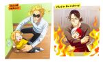  4boys :d age_difference baby bangs black_hair black_pants black_shirt blonde_hair blue_eyes boku_no_hero_academia bucket collared_shirt english_text eraser_head_(boku_no_hero_academia) facial_hair fire happy heterochromia highres holding holding_bucket kaminari_denki male_focus medium_hair multicolored_hair multiple_boys open_mouth orange_eyes pants red_hair scar scar_on_face shirt short_hair smile stubble teeth todoroki_shouto trevo_(trevoshere) two-tone_hair upper_body water white_hair white_legwear white_shirt yagi_toshinori yellow_shirt 