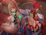  2girls ass bed blonde_hair blush breasts cleavage long_hair looking_at_viewer monolith_soft multiple_girls mythra_(xenoblade) noeomi ponytail pyra_(xenoblade) red_hair short_hair thigh_strap thighhighs thighs tiara xenoblade_chronicles_(series) xenoblade_chronicles_2 