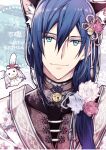  1boy animal_ears blue_hair cat_ears floral_print hair_ornament highres idolish_7 light_smile long_hair looking_at_viewer male_focus oogami_banri rabbit solo tanemura_arina 