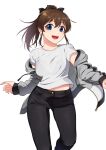  1girl black_pants black_ribbon blue_eyes bralines brown_hair grey_jacket hair_ribbon high_ponytail highres idolmaster idolmaster_million_live! jacket kamille_(vcx68) long_hair long_sleeves looking_at_viewer midriff_peek open_clothes open_jacket open_mouth pants ribbon satake_minako shirt short_sleeves simple_background smile solo white_background white_shirt 