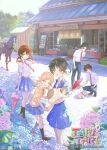  2boys 3girls :d anniversary bangs black_hair black_legwear black_pants blue_skirt brown_eyes brown_footwear brown_hair cat copyright copyright_name highres holding holding_umbrella horse loafers looking_at_viewer low_twintails maeda_atsuhiro miyamoto_konatsu multiple_boys multiple_girls necktie official_art oil-paper_umbrella okita_sawa pants parted_bangs pig red_necktie sabure sakai_wakana school_uniform shirt shoes short_hair short_sleeves skirt smile tanaka_taichi tanu tari_tari twintails umbrella vest white_shirt 