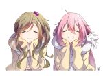 2girls blonde_hair closed_eyes closed_mouth facing_viewer hair_bobbles hair_ornament hands_on_own_cheeks hands_on_own_face head_rest highres inuyama_aoi kagamihara_nadeshiko long_hair long_sleeves multiple_girls pink_hair scarf school_uniform side_ponytail sleeves_past_wrists smile split_mouth thick_eyebrows white_background yasu_(pixiv) yurucamp 