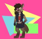  80s_inspired absurd_res anthro bottomwear brown_hair clothing digital_media_(artwork) female fishnet galaxysound gloves glowing glowing_eyes hair handwear helena_(bonk6) hi_res hyaenid jacket mammal shorts solo topwear 