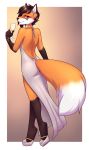  2019 alcohol anthro beverage biped blush brown_hair butt_pose canid canine champagne clothed clothing digital_media_(artwork) dress footwear fox fur girly green_eyes hair invalid_tag jewelry lockworkorange looking_at_viewer male mammal orange_fur shoes simple_background smile standing white_fur 