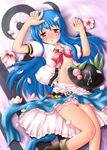  blue_hair blush cum cum_on_body cum_on_clothes cum_on_hair facial flower food fruit hat hat_removed headwear_removed highres hinanawi_tenshi kotowari_(newtype_kenkyuujo) long_hair lying on_back panties panty_pull peach petals red_eyes solo touhou underwear 