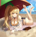  1girl absurdres ahoge ass bad_id bad_twitter_id bare_arms bare_legs bare_shoulders barefoot beach beach_mat beach_umbrella between_breasts bikini black_bikini blonde_hair breasts cleavage closed_mouth day detached_collar fakey feet highres large_breasts legs_up long_hair long_sleeves looking_at_viewer lotion_bottle lying multi-strapped_bikini necktie ocean off_shoulder on_stomach original outdoors ponytail see-through see-through_sleeves sidelocks smile solo strap_slip string_bikini swimsuit the_pose thighs umbrella very_long_hair wet wrist_cuffs yellow_eyes 