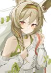  1girl arknights azuazu_0405 beanstalk_(arknights) beanstalk_(gift_uncompleted)_(arknights) blush braid brown_hair green_hairband green_shirt hair_ornament hairband hairclip highres holding holding_ribbon hyena_ears hyena_girl long_hair looking_at_viewer official_alternate_costume red_eyes red_hairband red_ribbon ribbon shirt simple_background single_bare_shoulder smile solo star_(symbol) star_hair_ornament striped striped_hairband sweater upper_body white_background white_sweater 