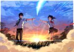  1boy 1girl ahoge black_hair black_legwear black_skirt border bow closed_mouth cloud commentary_request contrapposto dust frilled_skirt frills full_body green_necktie highres kimi_no_na_wa. legs_apart legs_together looking_at_another miyamizu_mitsuha necktie open_mouth outdoors outstretched_arms red_bow red_ribbon ribbon school_uniform shirt shooting_star short_hair short_sleeves signature siriuflong skirt sky smile sparkle string string_of_fate striped_necktie sunset tachibana_taki tree white_border white_shirt 
