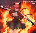  1girl 51447134 adapted_costume bad_anatomy burning cowboy_shot embers explosion eyebrows_behind_hair fire flame from_above highres kaenbyou_rin looking_at_viewer solo thighs touhou 