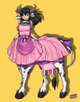  2022 4_breasts accessory bell black_hair bovid bovid_taur bovine bovine_taur breasts cattle cattle_taur clothing collar cowbell dress ear_piercing ear_ring female fur furgonomics hair hi_res hooves horn horn_accessory horn_bell looking_aside mammal mammal_taur multi_breast nosch piercing pink_clothing pink_dress ribbons ring_piercing simple_background smile solo spots spotted_body tail_accessory tail_ribbon taur teats udders white_body white_fur yellow_background 