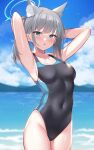  1girl absurdres animal_ear_fluff animal_ears armpits arms_behind_head arms_up bangs blue_archive blue_eyes blue_sky blurry blurry_background blush breasts bright_pupils cloud cloudy_sky competition_swimsuit cowboy_shot cross_hair_ornament earrings english_commentary grey_hair hair_ornament halo highleg highleg_swimsuit highres jewelry medium_breasts mismatched_pupils ocean one-piece_swimsuit shiroko_(blue_archive) shiroko_(swimsuit)_(blue_archive) sidelocks sky solo sweetcheese swimsuit two-tone_swimsuit white_pupils 