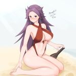  1girl absurdres blush bottle breasts dated full_body highres jun&#039;you_(kancolle) kantai_collection large_breasts long_hair looking_at_viewer magatama maru_(marg0613) nose_blush purple_eyes purple_hair red_swimsuit sand simple_background sitting slingshot_swimsuit solo spiked_hair swimsuit twitter_username wariza white_background 