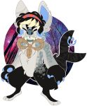  anthro black_body black_claws black_fur black_hair black_tail blue_body blue_claws blue_fur blue_inner_ear blue_pawpads blue_piercing canid cheek_tuft chest_tuft claws digital_media_(artwork) digitigrade eyes_closed facial_tuft featureless_crotch forked_tail front_view fur furgonomics furry-specific_piercing gloves_(marking) green_teeth grey_body grey_ears grey_fur grey_nose grin hair hybrid male mammal marine markings multicolored_hair nude pawpads photo_background piercing princelykaden smile solo standing tail_piercing tan_hair tuft two_tone_hair unusual_anatomy unusual_tail 