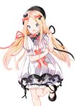  1girl :d abigail_williams_(fate) absurdres bangs black_bow black_footwear black_headwear blonde_hair bloomers blue_eyes blush bow commentary dress eyebrows_behind_hair fate/grand_order fate_(series) forehead hair_bow hand_up hat highres long_hair low_twintails object_hug orange_bow parted_bangs polka_dot polka_dot_bow puffy_short_sleeves puffy_sleeves shoes short_sleeves simple_background smile solo standing standing_on_one_leg stuffed_animal stuffed_toy teddy_bear twintails underwear v very_long_hair white_background white_bloomers white_dress yukaa 