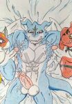  absurd_res anthro armpit_fetish bandai_namco bedroom_sex bodily_fluids cum cum_on_armpit dashthefox digimon digimon_(species) dragon duo exveemon flamedramon genital_fluids genitals group guilmon hi_res male male/male muscular pecs penis sex traditional_media_(artwork) trio 