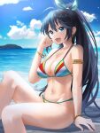  1girl absurdres beach black_hair blue_eyes blue_sky cloud day fang ganaha_hibiki highres horizon idolmaster long_hair looking_at_viewer ocean official_alternate_costume open_mouth outdoors ponytail shiromigi sky smile solo 