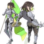 1girl armor armored_boots bangs banner blush boots brown_eyes brown_hair buckler collarbone earrings english_commentary eyebrows_behind_hair flag food gauntlets greaves green_hair highres hot jewelry knight multicolored_hair navel original ormille pauldrons plate_armor popsicle popsicle_in_mouth shield shoulder_armor simple_background stomach streaked_hair sweat sword undressing weapon white_background 
