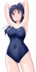  1girl armpits arms_up bangs black_hair black_swimsuit blush breasts closed_mouth commentary_request covered_navel cowboy_shot highres long_hair looking_at_viewer love_live! love_live!_sunshine!! matsuura_kanan medium_breasts one-piece_swimsuit ponytail purple_eyes sidelocks simple_background smile solo standing swimsuit white_background yopparai_oni 