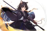  1girl animal_ears arknights bangs beads black_hair black_kimono blunt_bangs brown_eyes dog_ears dog_girl facial_mark forehead_mark gloves highres hime_cut holding holding_polearm holding_weapon japanese_clothes kimono naginata pants polearm prayer_beads puffy_pants purple_gloves purple_pants saga_(arknights) weapon white_background yotsuyama_(yomo8ama) 