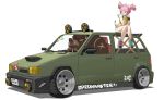  1boy 1girl :3 ahoge animal_ears bangs blunt_bangs car earrings from_side furry furry_male ground_vehicle highres jewelry jitome motor_vehicle on_vehicle original pig_ears pig_girl pig_tail pink_hair red_eyes shoes short_shorts shorts simple_background smile sticker tail tusks twintails waterkuma white_background 
