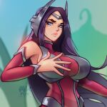  1girl absurdres artist_name bangs bare_shoulders blue_eyes blurry blurry_background breasts closed_mouth detached_sleeves dress freckles green_background highres irelia large_breasts league_of_legends long_hair looking_at_viewer mixplin purple_hair red_dress red_sleeves solo watermark when_you_see_it 