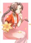  1girl aerith_gainsborough bad_anatomy bangs border braid braided_ponytail breasts choker cleavage cropped_jacket dress falling_petals final_fantasy final_fantasy_vii final_fantasy_vii_remake finger_to_mouth flower green_eyes hair_ribbon highres holding holding_flower jacket long_dress long_hair looking_at_viewer medium_breasts parted_bangs parted_lips petals pink_background pink_dress red_jacket ribbon shir_l1 short_sleeves sidelocks sitting smile solo upper_body yellow_flower 