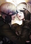  1boy 1girl black_dress black_gloves black_jacket blindfold blue_eyes couple dress gloves hair_between_eyes hairband halu-ca hand_on_another&#039;s_cheek hand_on_another&#039;s_face highres imminent_kiss jacket lips long_sleeves mole mole_under_mouth nier_(series) nier_automata parted_lips puffy_sleeves removing_eyewear short_hair teeth upper_body upper_teeth white_hair yorha_no._2_type_b yorha_no._9_type_s 